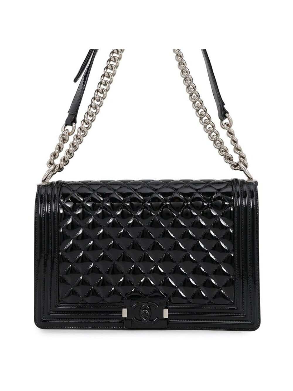 Chanel Chain Shoulder Bag Boy Large Quilted CC Logo Patent Black